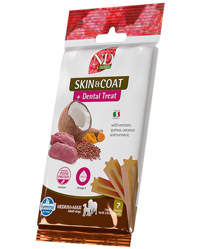�������� ��������� �� ������ �� ������ ���� � ������� ������ N&D Adult Medium & Maxi Skin & Coat Dental Treat - 100 g, � �������, �����, ����� � �������, �� ������� Quinoa, �� ������ � ���� ������, ��� 4 ������ - �����