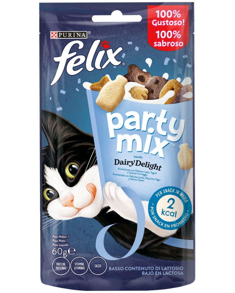 Лакомства за котки Felix Party Mix Dairy Delight Лакомства за котки Felix Party Mix Dairy Delight - 60 g, с мляко и сирене, в зряла възраст - храна