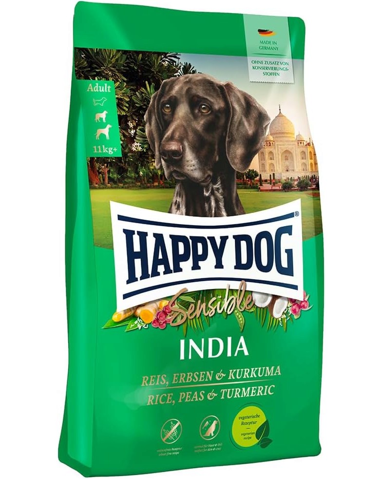 Суха храна за кучета с чувствително храносмилане Happy Dog India Adult Суха храна за кучета с чувствително храносмилане Happy Dog India Adult - 0.3 ÷ 10 kg, с ориз, грах и куркума, от серията Sensible, в зряла възраст, за над 11 kg - храна