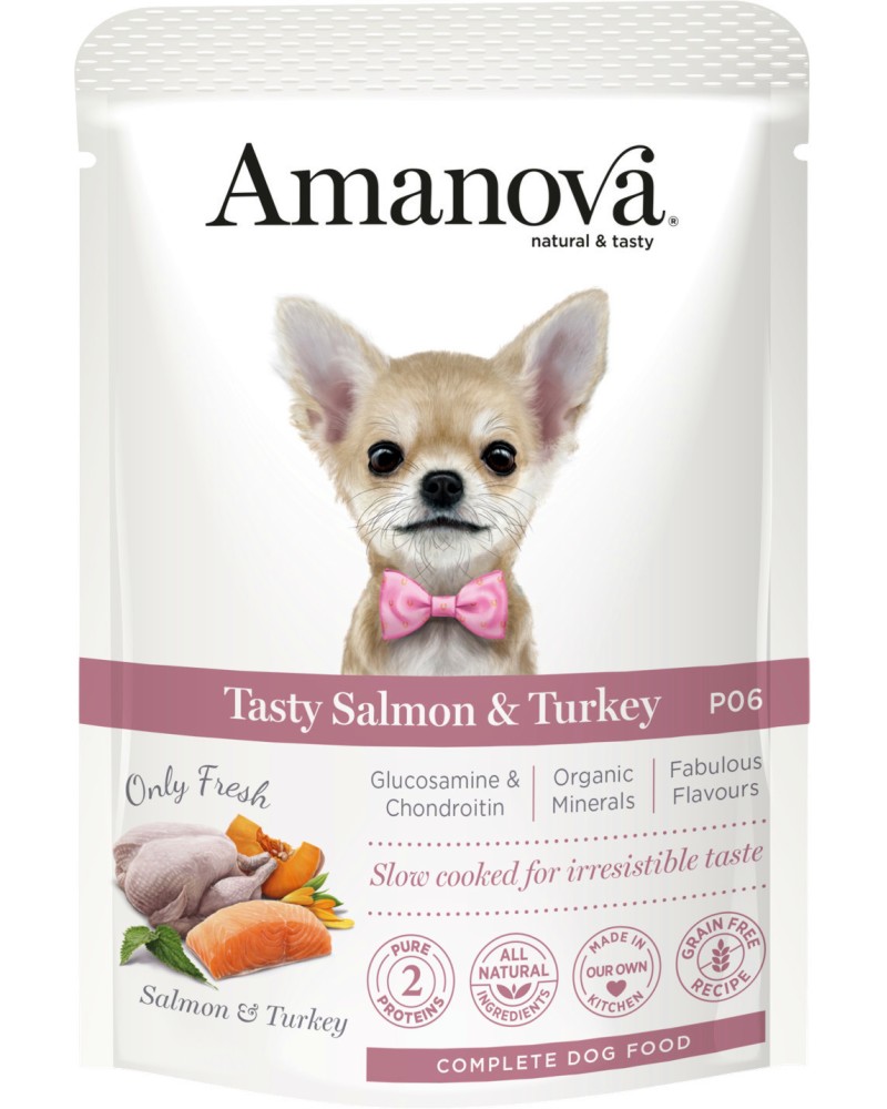 Пауч за кучета Amanova Adult Пауч за кучета Amanova Adult - 100 и 300 g, със сьомга и пилешко, за всички породи, в зряла възраст - храна