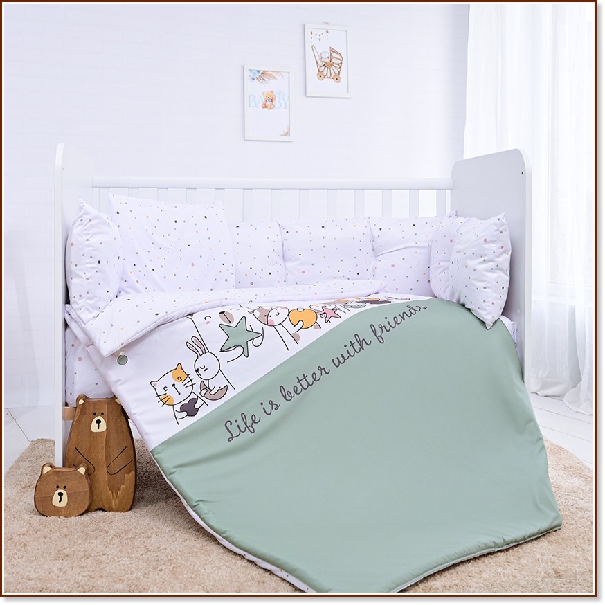 Бебешки двулицев спален комплект 5 части с обиколник Lorelli Бебешки двулицев спален комплект 5 части с обиколник Lorelli - За легла 70 x 140 cm, от серията Happy Friends - продукт