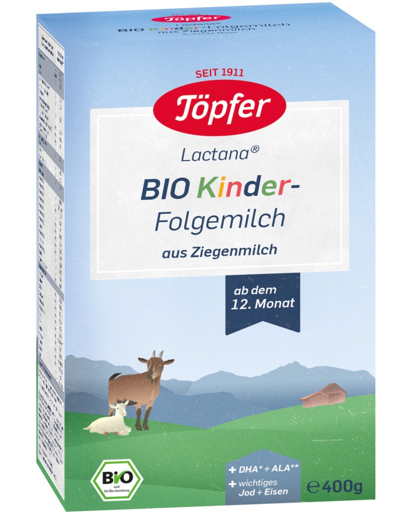 Адаптирано био козе мляко за малки деца Topfer Lactana Bio Kinder 3 - 400 g, за 12+ месеца - продукт