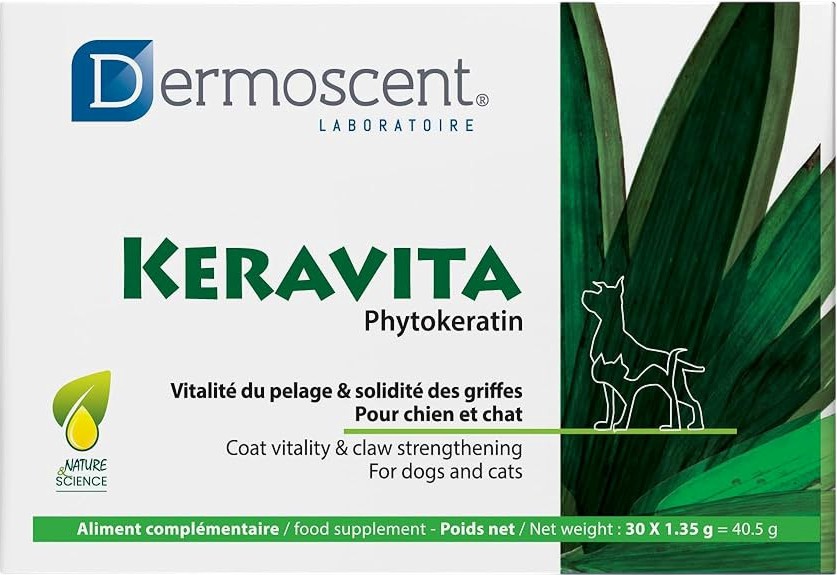 Хранителна добавка за здрава кожа, козина и нокти за кучета и котки Dermoscent Keravita Хранителна добавка за здрава кожа, козина и нокти за кучета и котки Dermoscent Keravita - 30 таблетки x 1.35 g - продукт