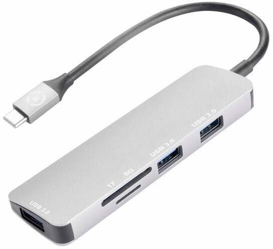 Многопортов адаптер USB Type-C към USB Type-A 3.0 Celly - С дължина 15 cm и слот за TF и SD карти - 