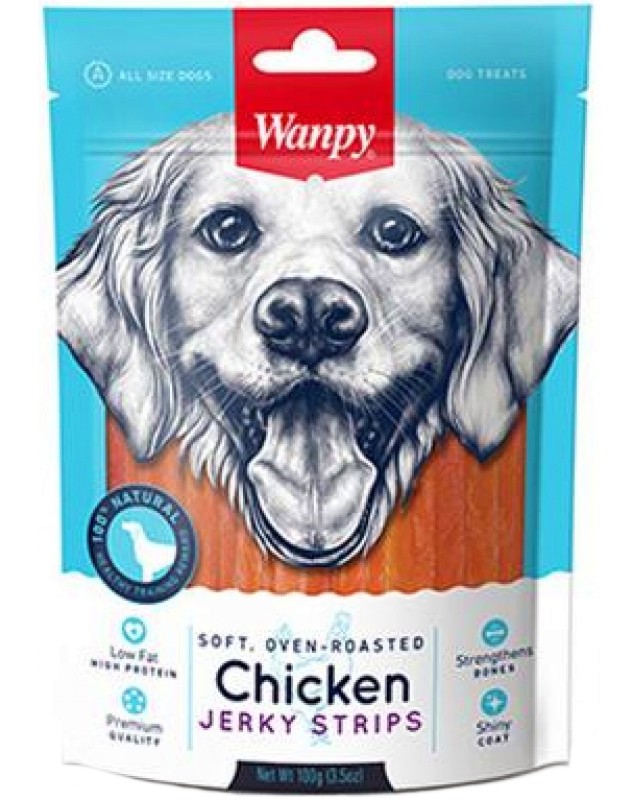 Натурални лакомства за кучета Wanpy Jerky Strips Натурални лакомства за кучета Wanpy Jerky Strips - 100 g, с пилешко - храна