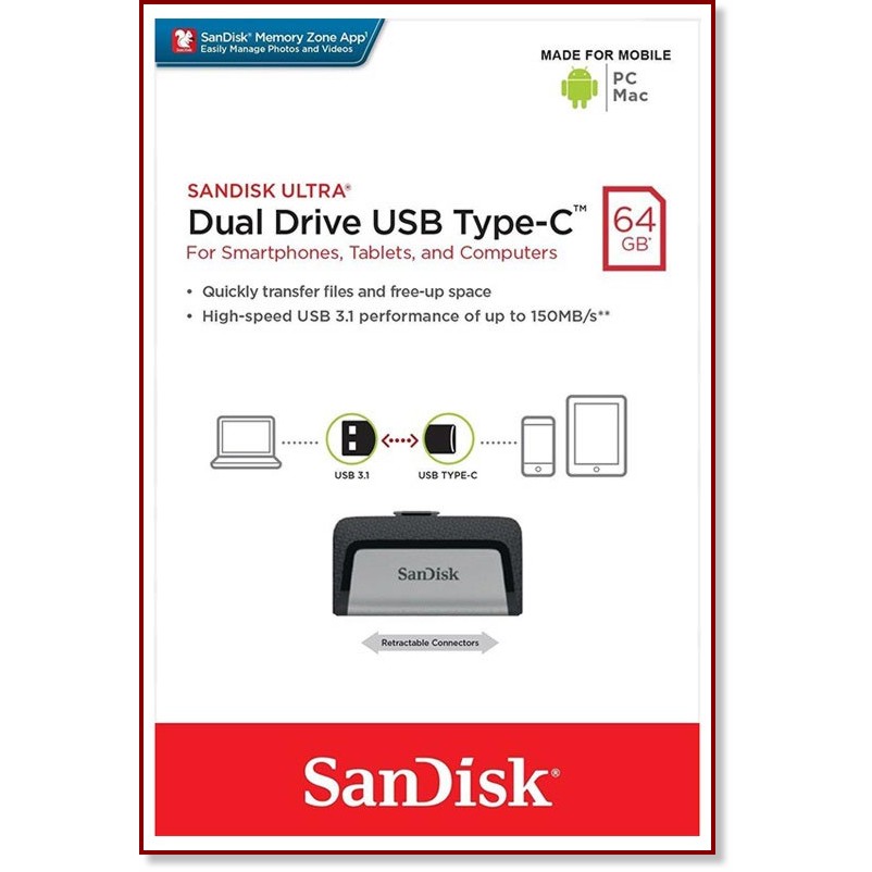 USB 3.1 / Type-C флаш памет 64 GB SanDisk Dual Drive USB 3.1 / Type-C флаш памет 64 GB SanDisk Dual Drive - От серията Ultra -
