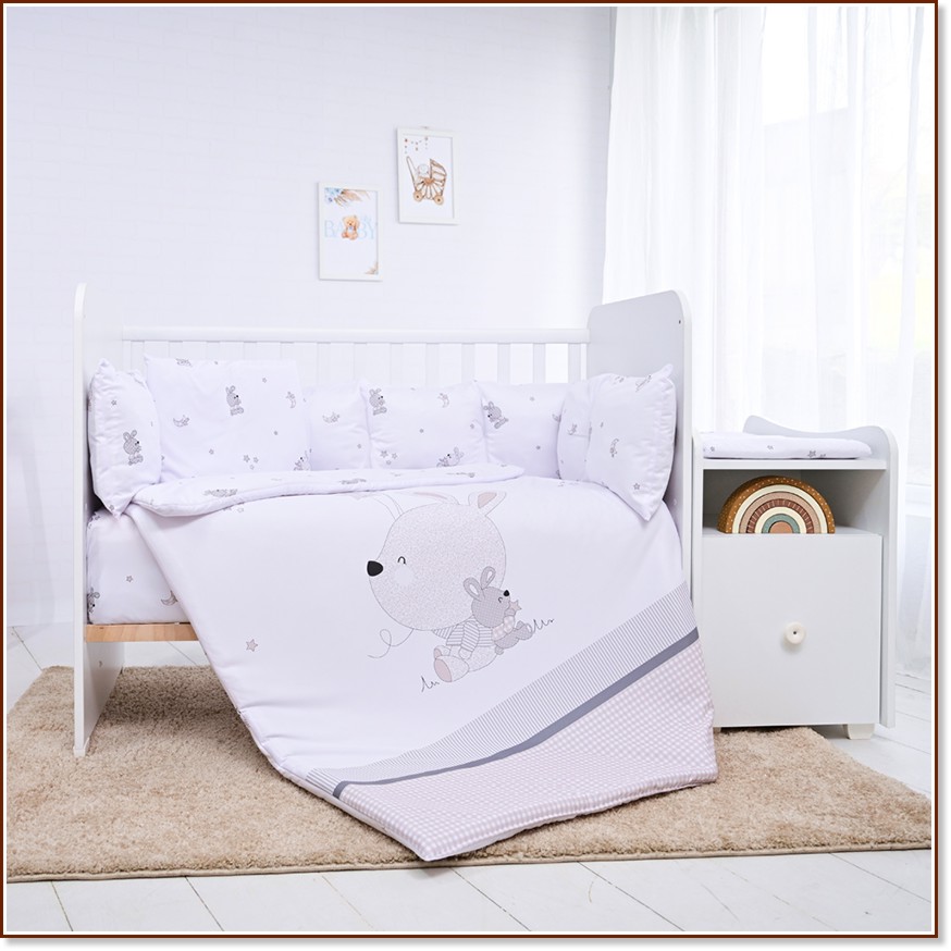 Бебешки двулицев спален комплект 5 части с обиколник Lorelli Trend Бебешки двулицев спален комплект 5 части с обиколник Lorelli Trend - За легла 62 x 110 cm, от серията Little Rabbits - продукт