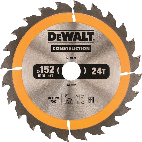 Циркулярен диск за дърво DeWalt - ∅ 152 / 20 / 2.4 mm с 24 зъба от серията Construction - 