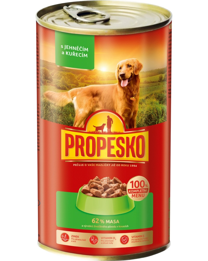 Консерва за кучета PROPESKO Консерва за кучета PROPESKO - 1.24 kg, с агнешко и пилешко, за всички породи, в зряла възраст - храна