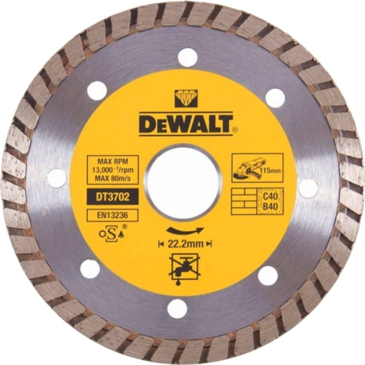 Диамантен диск за сухо рязане DeWalt - ∅ 115 / 2.1 / 22.23 mm от серията Diamond Edge - 