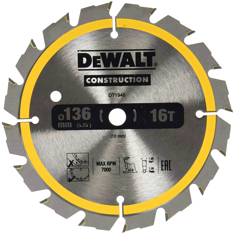 Циркулярен диск за дърво DeWalt - ∅ 136 / 10 / 1.5 mm с 16 и 24 зъба от серията Construction - 