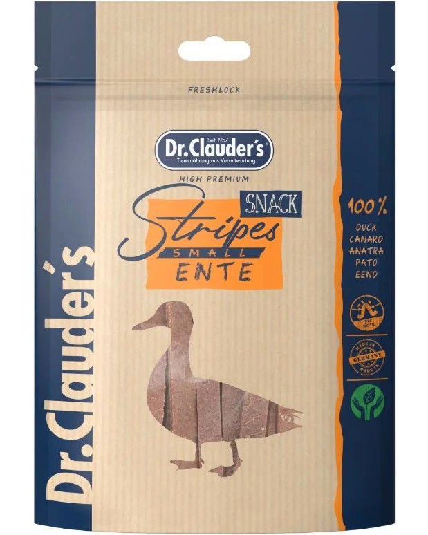 Лакомства за кучета и котки Dr.Clauder's Stripes Small Лакомства за кучета и котки Dr.Clauder's Stripes Small - 80 g, с патешко - храна