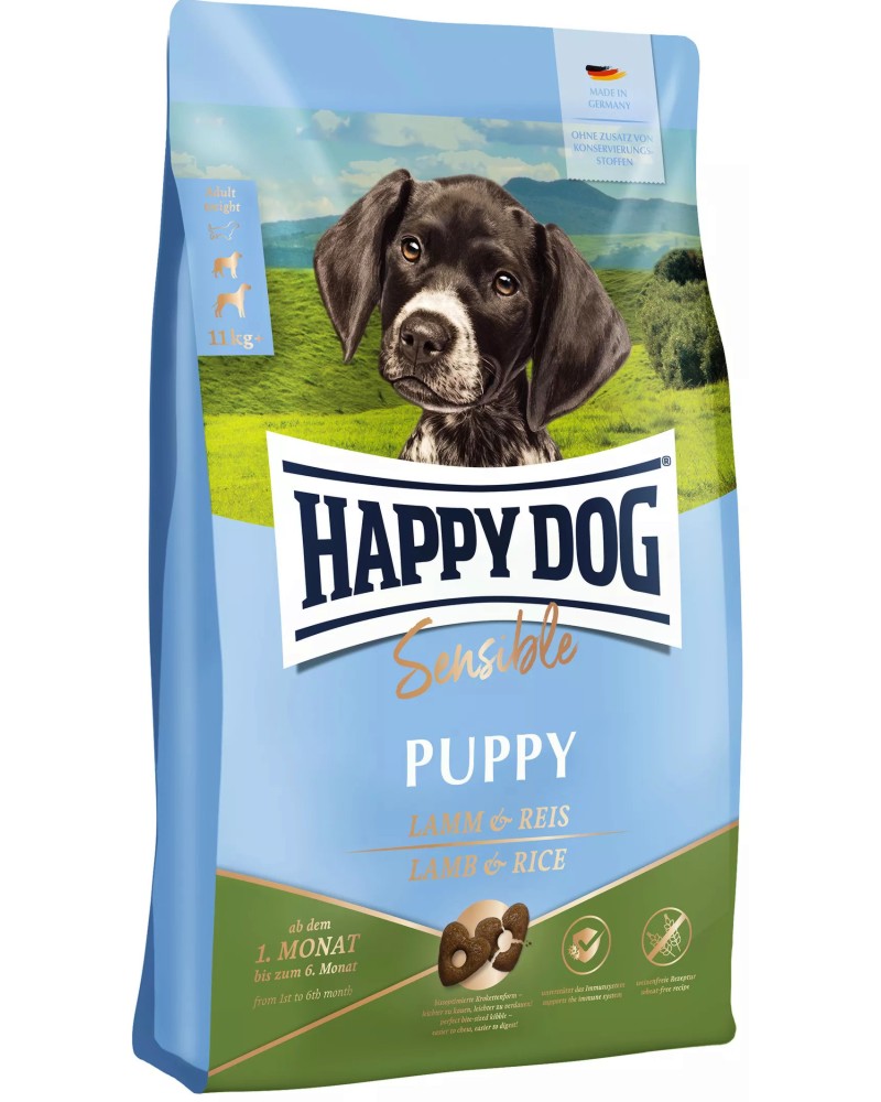 Суха храна за кучета с чувствително храносмилане Happy Dog Sensible Puppy Суха храна за кучета с чувствително храносмилане Happy Dog Sensible Puppy - 1 ÷ 18 kg, с агнешко и ориз, от серията Young, от 4 седмици до 6 месеца, 11+ kg - храна
