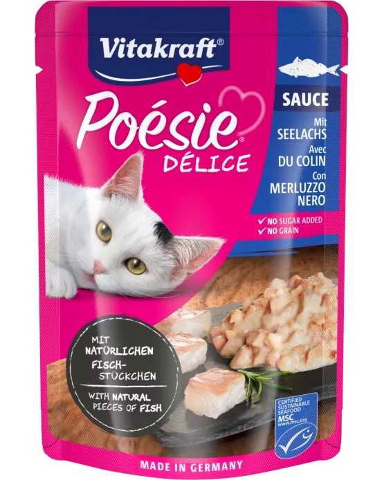 Пауч за котки Vitakraft Delice Пауч за котки Vitakraft Delice - 85 g, с американска треска, от серията Poesie - храна