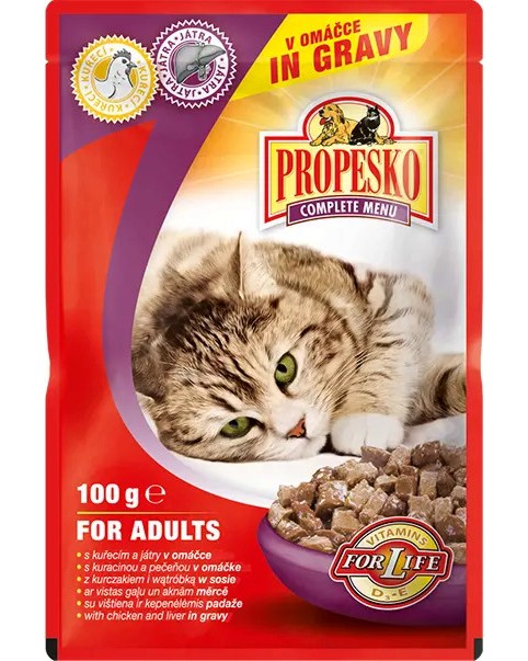 Пауч за котки PROPESKO Пауч за котки PROPESKO - 100 и 24 x 100 g, с пилешко и дроб в сос - храна