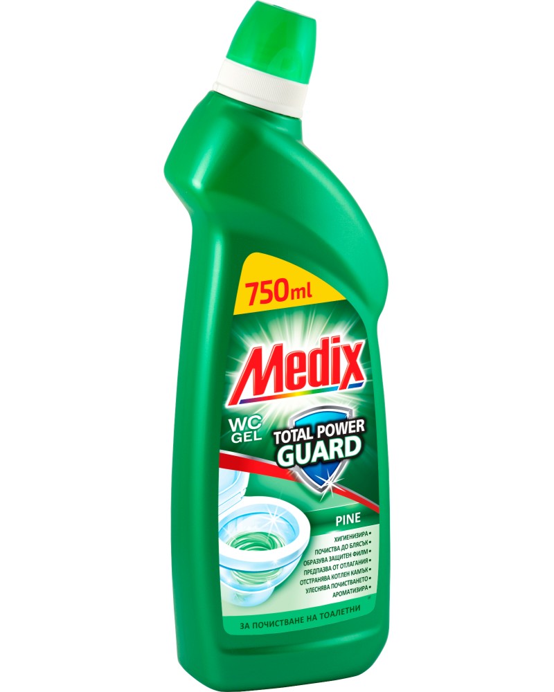 Гел за почистване на тоалетна Medix Гел за почистване на тоалетна Medix - 750 ml, с аромат на бор от серията Total Power Guard - почистващ препарат