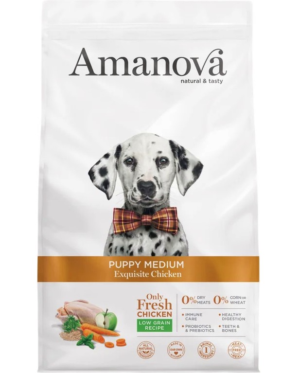 Натурална суха храна за кучета Amanova Puppy Medium Натурална суха храна за кучета Amanova Puppy Medium - 2 и 12 kg, с пилешко, за средни породи, от 1 до 12 месеца - храна