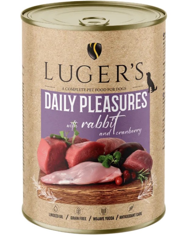 Консерви за кучета Luger's Консерви за кучета Luger's - 6 x 400 и 6 x 800 g, със заешко и червени боровинки, от серията Daily Pleasures, в зряла възраст - храна