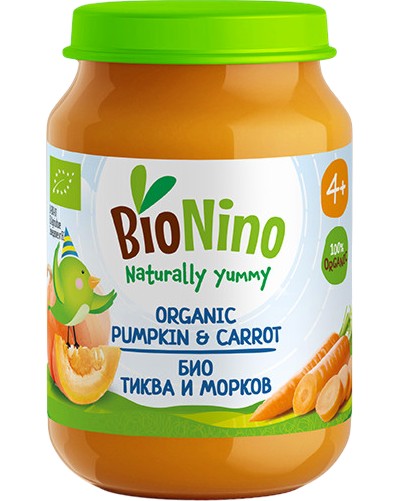 Био пюре от тиква и морков BioNino Био пюре от тиква и морков BioNino - 190 g, за 4+ месеца - пюре