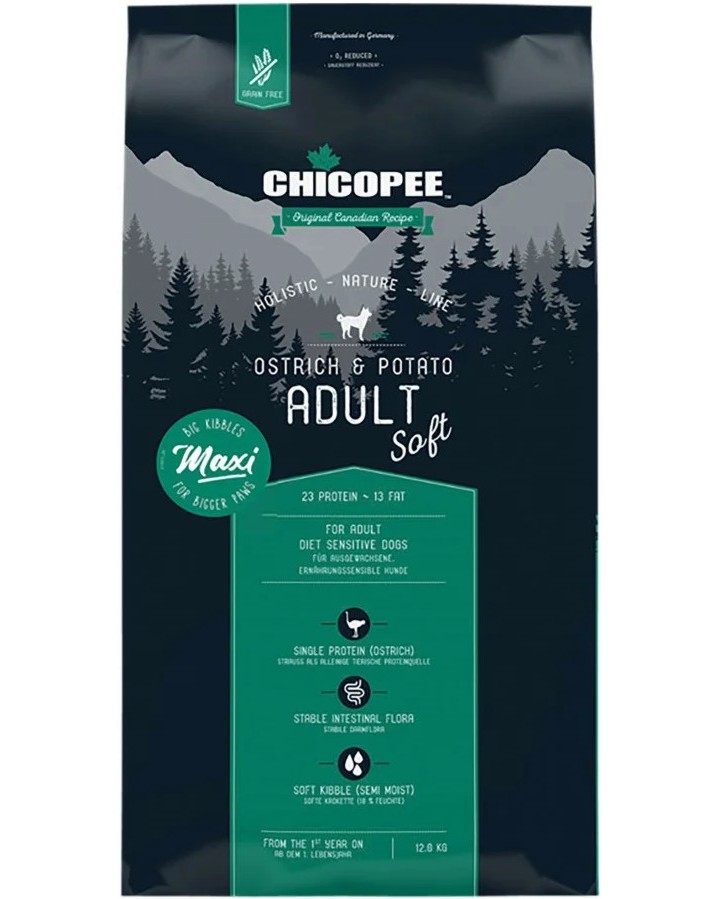 Полувлажна храна за кучета CHICOPEE Soft Adult Maxi Полувлажна храна за кучета CHICOPEE Soft Adult Maxi - 12 kg, с щраусово и картофи, от серията Holistic Nature Line, в зряла възраст - храна