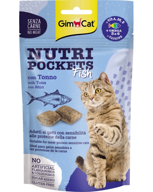 Лакомства за котки GimCat Nutri Pockets Fish Лакомства за котки GimCat Nutri Pockets Fish - 60 g, с риба тон, витамини, Омега 3 и 6 и таурин - храна