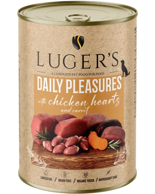Консерви за кучета Luger's Консерви за кучета Luger's - 6 x 400 и 6 x 800 g, с пилешки сърца и моркови, от серията Daily Pleasures, в зряла възраст - храна