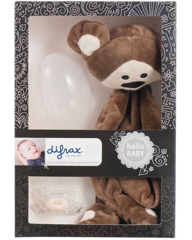 Подаръчен комплект за бебе Difrax Monkey Mario - С плюшена играчка, залъгалка и кутия за залъгалка - продукт