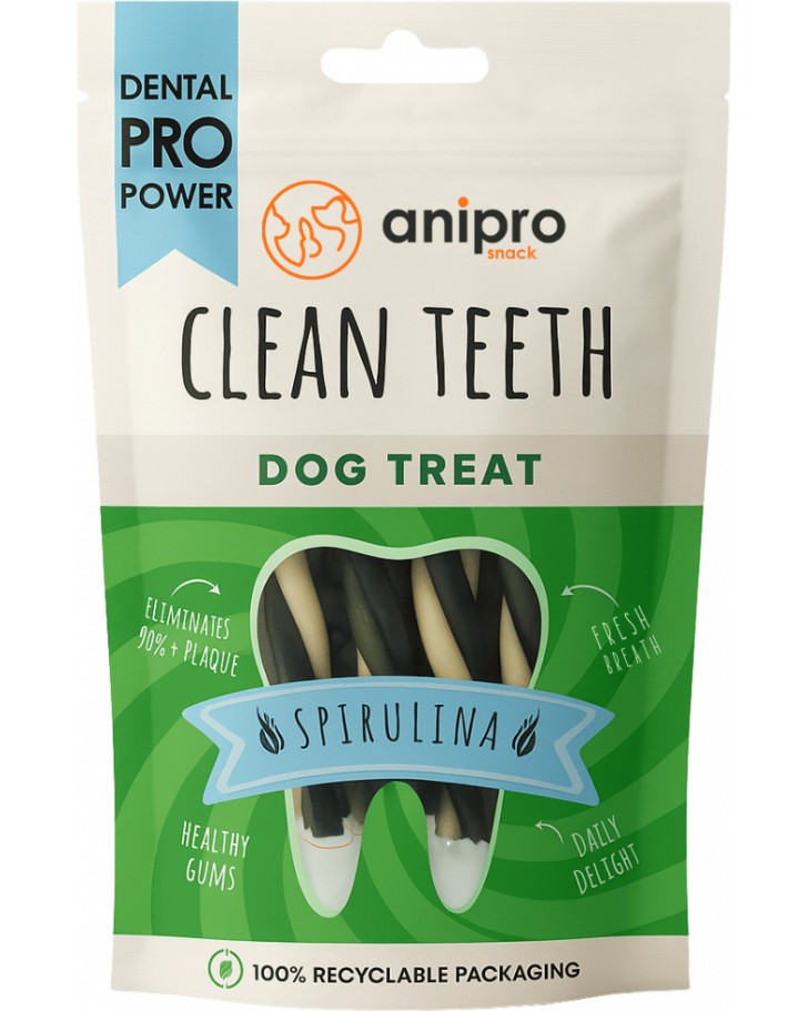 Дентални пръчици за кучета anipro Dental Pro Power Дентални пръчици за кучета anipro Dental Pro Power - 84 g, със спирулина, от серията Clean Teeth, за всички породи, над 6 месеца - храна