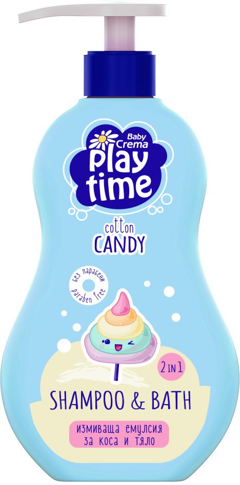 Детска измиваща емулсия за коса и тяло Play Time Детска измиваща емулсия за коса и тяло Play Time - С аромат на захарен памук от серията Play Time - продукт