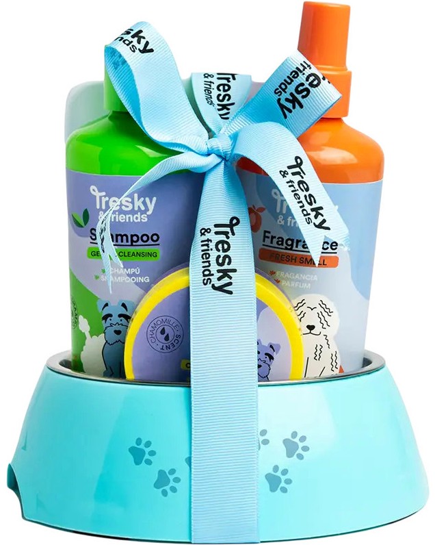 Подаръчен комплект за кучета Tresky & Friends Food and Welness Set Подаръчен комплект за кучета Tresky & Friends Food and Welness Set - С шампоан, балсам за лапи, спрей, купа и четка - продукт