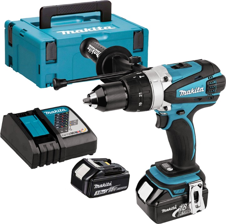 Акумулаторен ударен винтоверт 18V Makita DHP458RFJ Акумулаторен ударен винтоверт 18V Makita DHP458RFJ - С 2 батерии, зарядно и куфар от серията LXT -