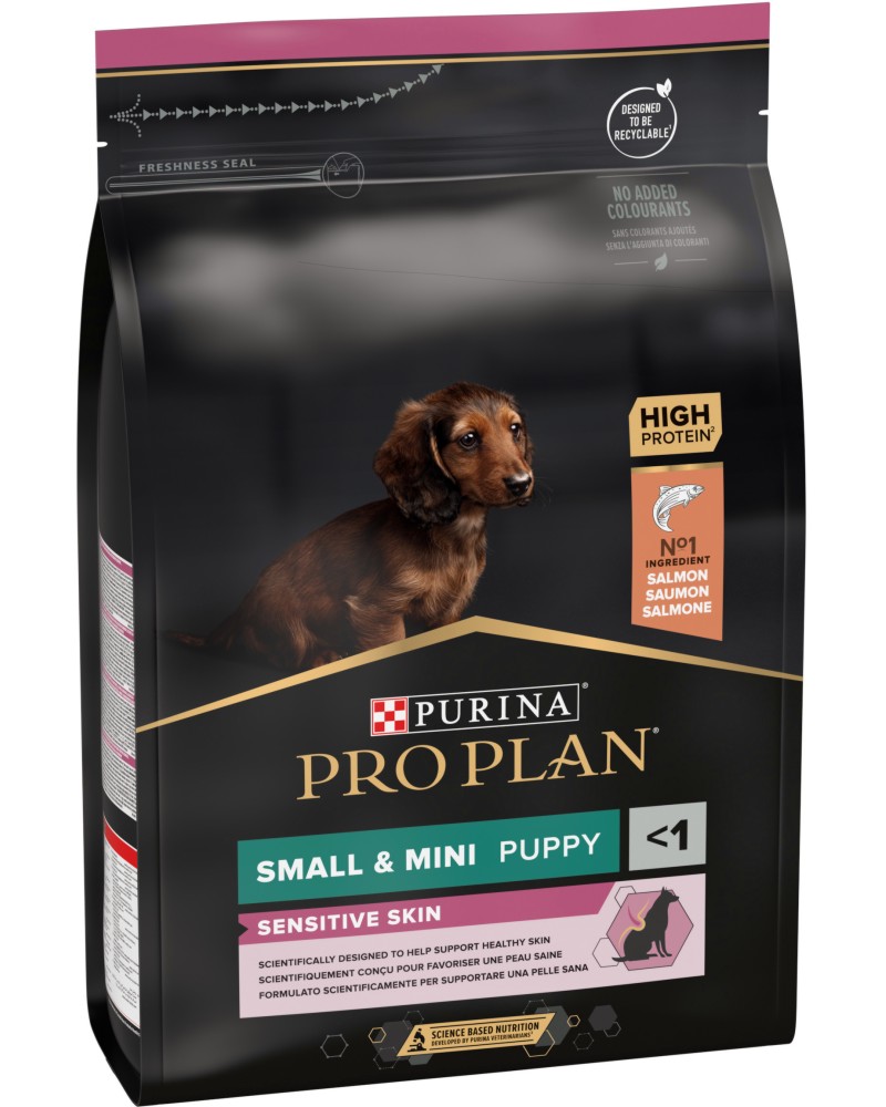 ���� ����� �� ������ � ������������ ���� Purina Pro Plan Sensitive Skin Puppy Small & Mini - 3 kg, ��� ������, �� ����� � ������ ������, �� 6 ������� �� 1 ������ - �����