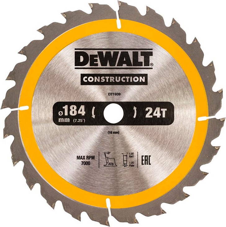Циркулярен диск за дърво DeWalt - ∅ 184 / 16 / 1.8 mm с 24 зъба от серията Construction - 