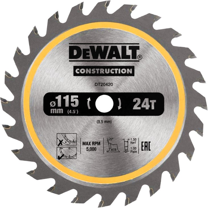 Циркулярен диск за дърво DeWalt - ∅ 115 / 9.5 / 1.5 mm с 24 зъба от серията Construction - 
