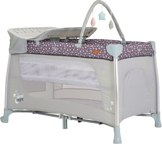 Сгъваемо бебешко легло на две нива Cangaroo Good Night Silver - За матрак 60 x 120 cm, с повивалник, арка с играчки и аксесоари - продукт