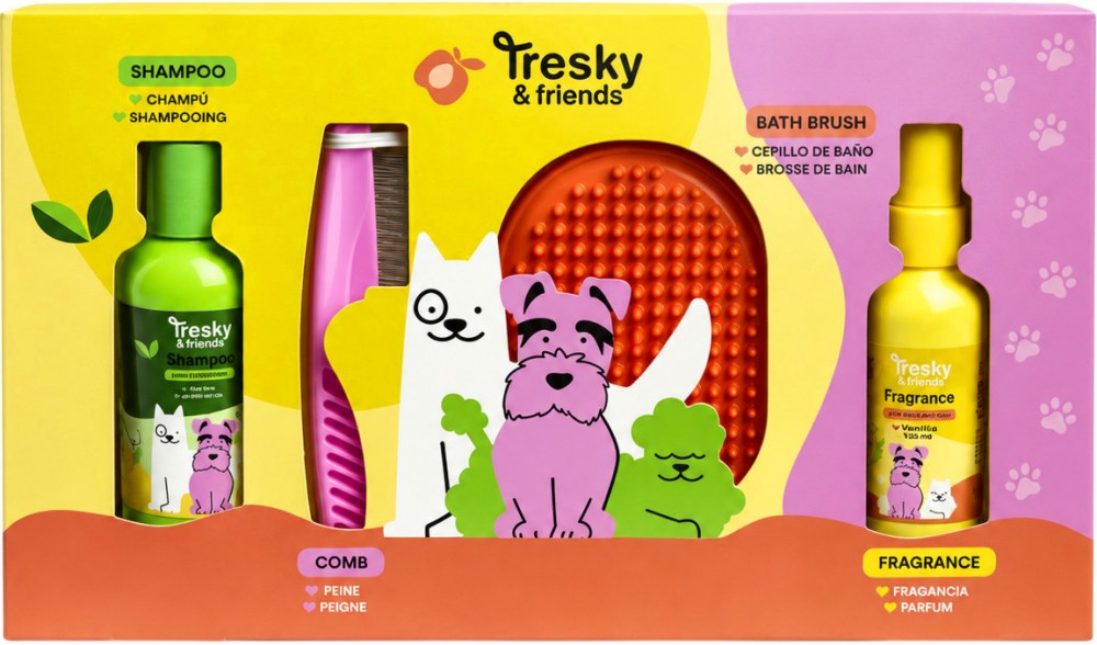 Подаръчен комплект за кучета Tresky & Friends Подаръчен комплект за кучета Tresky & Friends - С шампоан, спрей, гребен и четка за баня - продукт