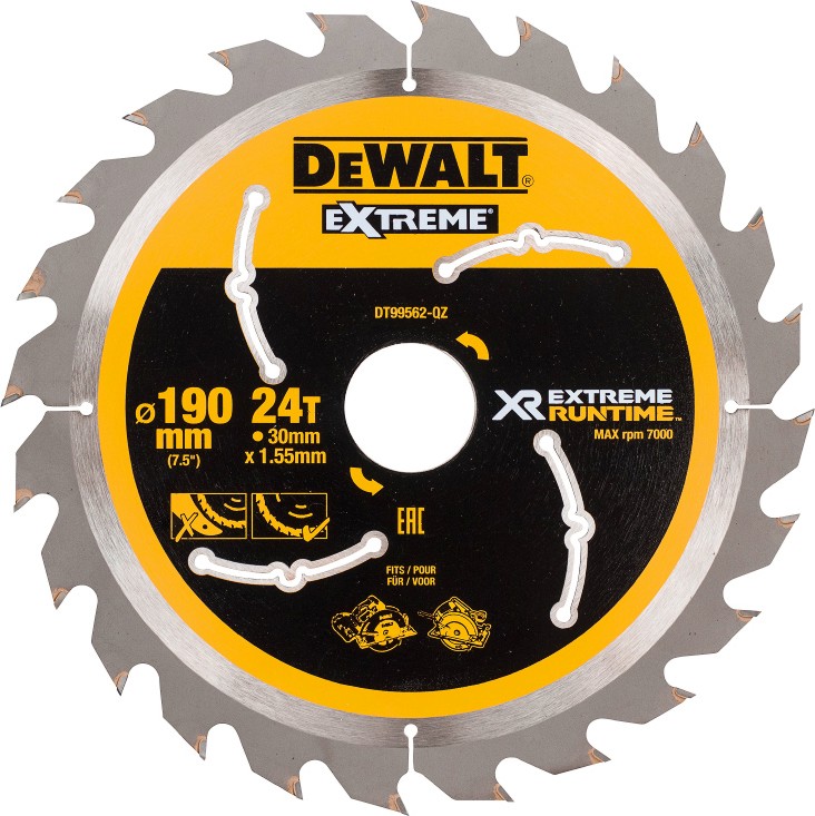 Циркулярен диск за дърво DeWalt Runtime - ∅ 190 / 30 / 1.5 mm с 24 зъба от серията Extreme - 