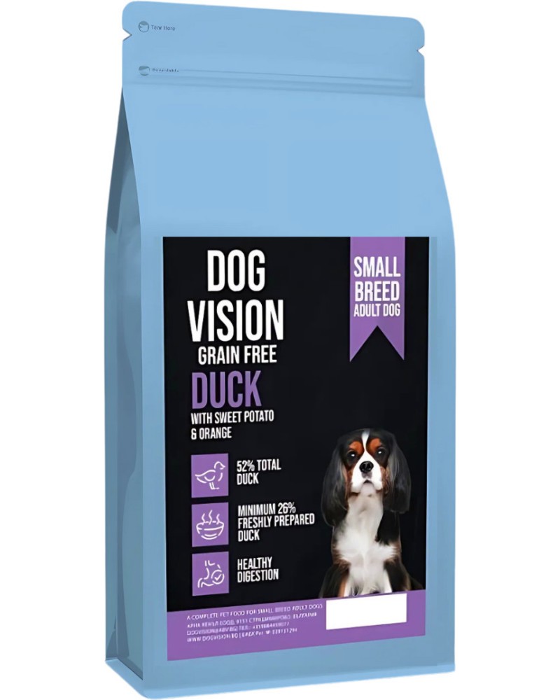 Суха храна за кучета с чувствително храносмилане DOG VISION Grain Free Adult Small Суха храна за кучета с чувствително храносмилане DOG VISION Grain Free Adult Small - 2 и 6 kg, патешко, сладък картоф и портокал, над 1 година, за дребни породи - храна