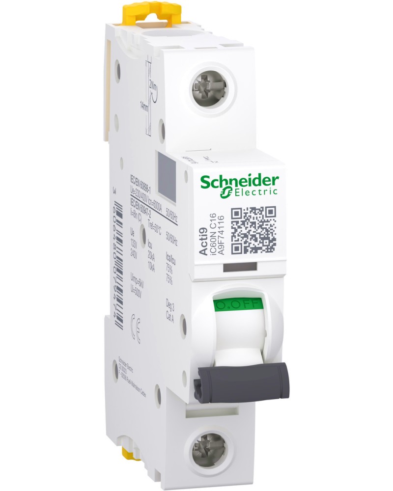 Автоматичен прекъсвач 16A 1P 6kA Schneider Electric A9F74116 Автоматичен прекъсвач 16A 1P 6kA Schneider Electric A9F74116 - За DIN шина, крива C от серията Acti9 -