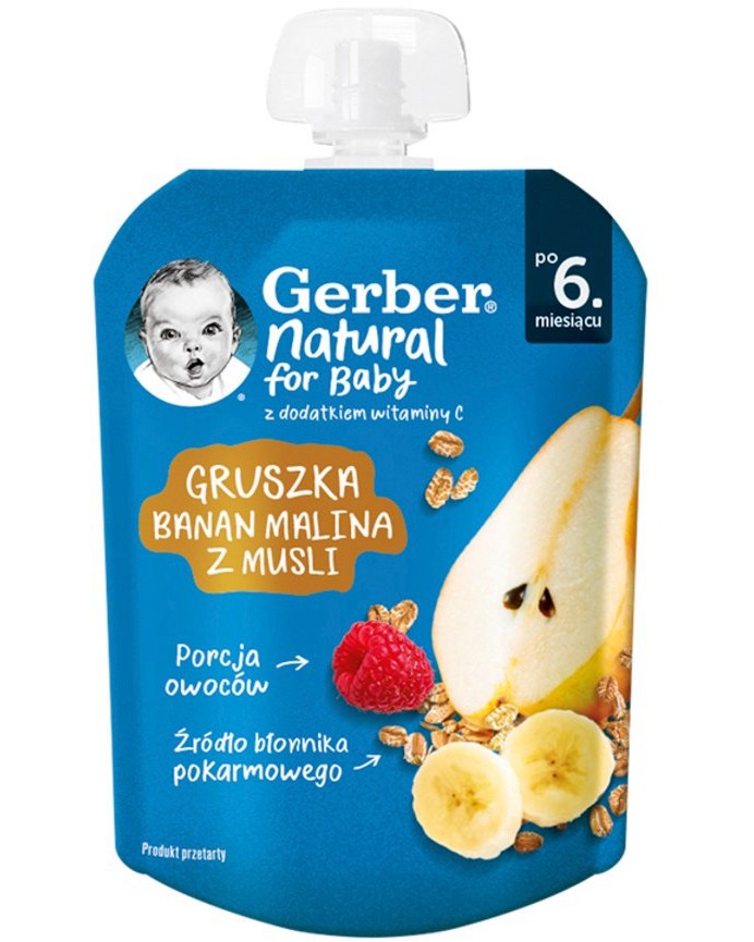 Пюре с круша, банан и малина с мюсли Nestle Gerber Natural for Baby - 80 g, за 6+ месеца - пюре
