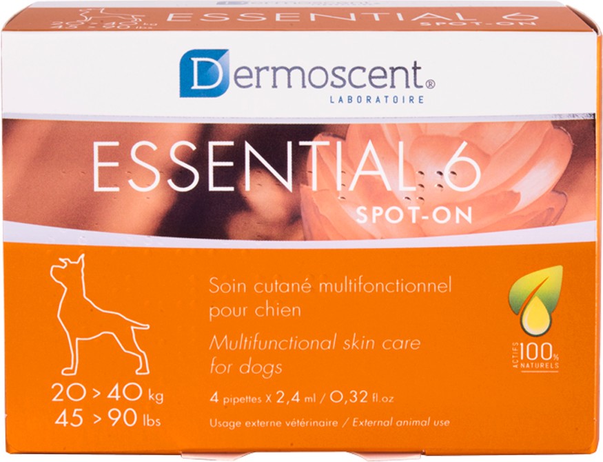 Дерматологична грижа за кучета Dermoscent Essential 6 Spot-on Дерматологична грижа за кучета Dermoscent Essential 6 Spot-on - 4 пипети x 2.4 ml, за тегло от 20 до 40 kg - продукт