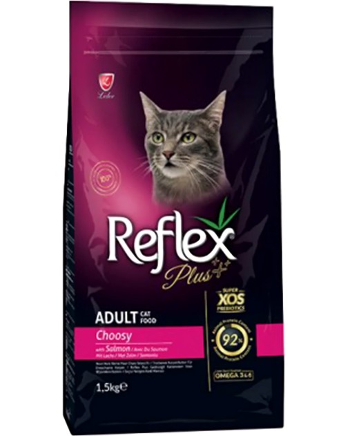 Суха храна за капризни котки Reflex Plus Choosy Adult Суха храна за капризни котки Reflex Plus Choosy Adult - 1.5 kg, със сьомга, за над 1 година - храна
