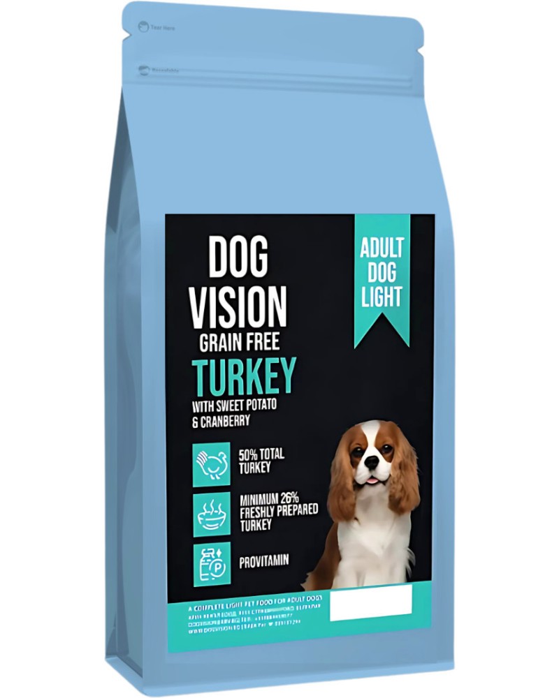 Суха храна за кастрирани кучета DOG VISION Grain Free Adult Light Суха храна за кастрирани кучета DOG VISION Grain Free Adult Light - 2 ÷ 12 kg, с пуешко, сладък картоф и червени боровинки, над 1 година - храна