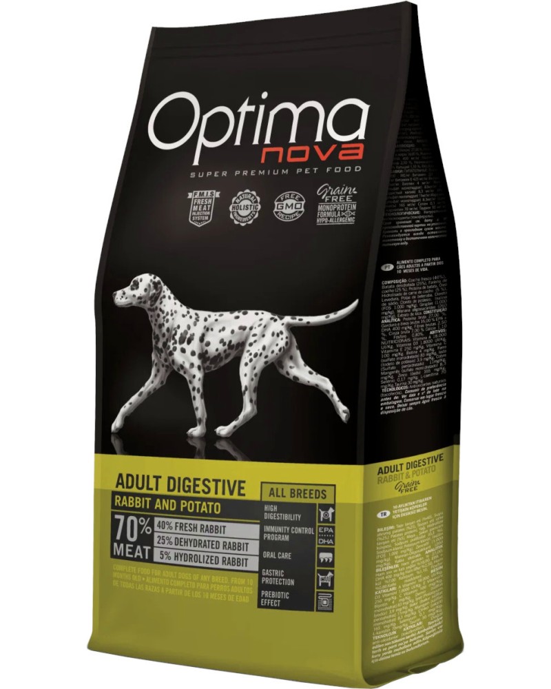 Суха храна за кучета с чувствително храносмилане Optima Nova Adult Digestive Суха храна за кучета с чувствително храносмилане Optima Nova Adult Digestive - 2 и 12 kg, със заешко и картофи, над 10 месеца - храна