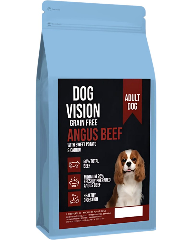 Суха храна за кучета с чувствително храносмилане DOG VISION Grain Free Adult Суха храна за кучета с чувствително храносмилане DOG VISION Grain Free Adult - 2 ÷ 12 kg, с ангъс говеждо, сладък картоф и морков, над 1 година, за средни породи - храна