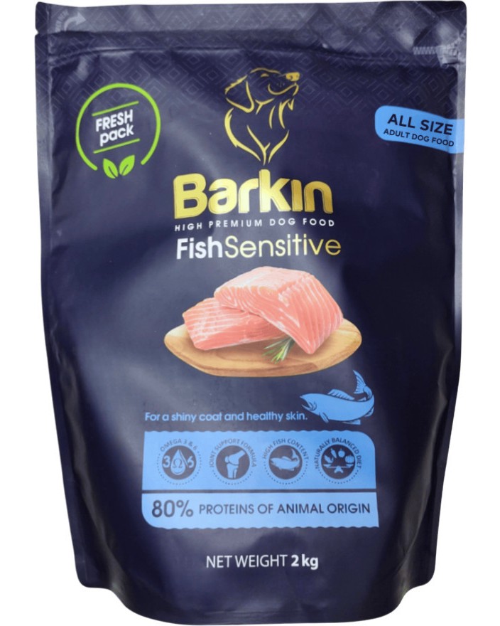 Суха храна за кучета за здрава кожа, козина и стави Barkin Sensitive Adult Суха храна за кучета за здрава кожа, козина и стави Barkin Sensitive Adult - 2 и 15 kg, с риба, за всички породи, в зряла възраст - храна