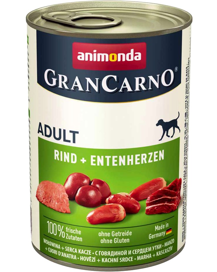 Консерва за кучета GranCarno Adult Консерва за кучета GranCarno Adult - 400 и 800 g, с говеждо и патешки сърца, от 1 до 6 години - храна