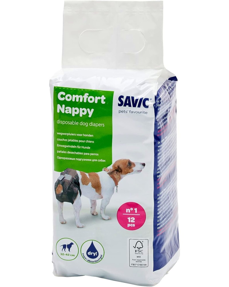 Пелени за куче Savic Comfort Nappy T1 Пелени за куче Savic Comfort Nappy T1 - 12 броя, от 32 до 42 cm - продукт