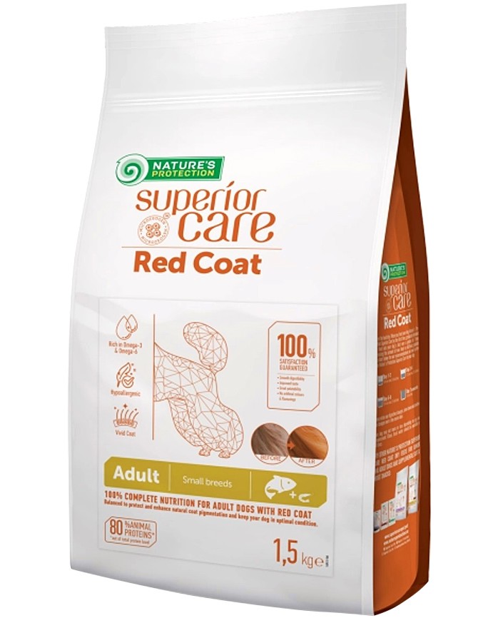 Суха храна за кучета с червена козина NATURE'S PROTECTION Superior Care Red Coat Adult Small Breeds Суха храна за кучета с червена козина NATURE'S PROTECTION Superior Care Red Coat Adult Small Breeds - 1.5 и 10 kg, със сьомга, за дребни и малки породи, над 1 година - храна