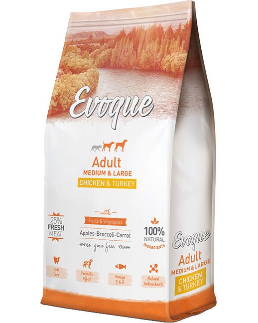 Суха храна за кучета Evoque Adult Medium & Large Суха храна за кучета Evoque Adult Medium & Large - 12 kg, с пилешко и пуешко, за средни и големи породи, в зряла възраст - храна
